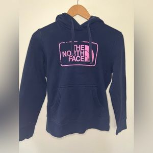 NorthFace Hoodie | Womens / Teen Small Petite (S) | Navy Blue / Pink Lettering